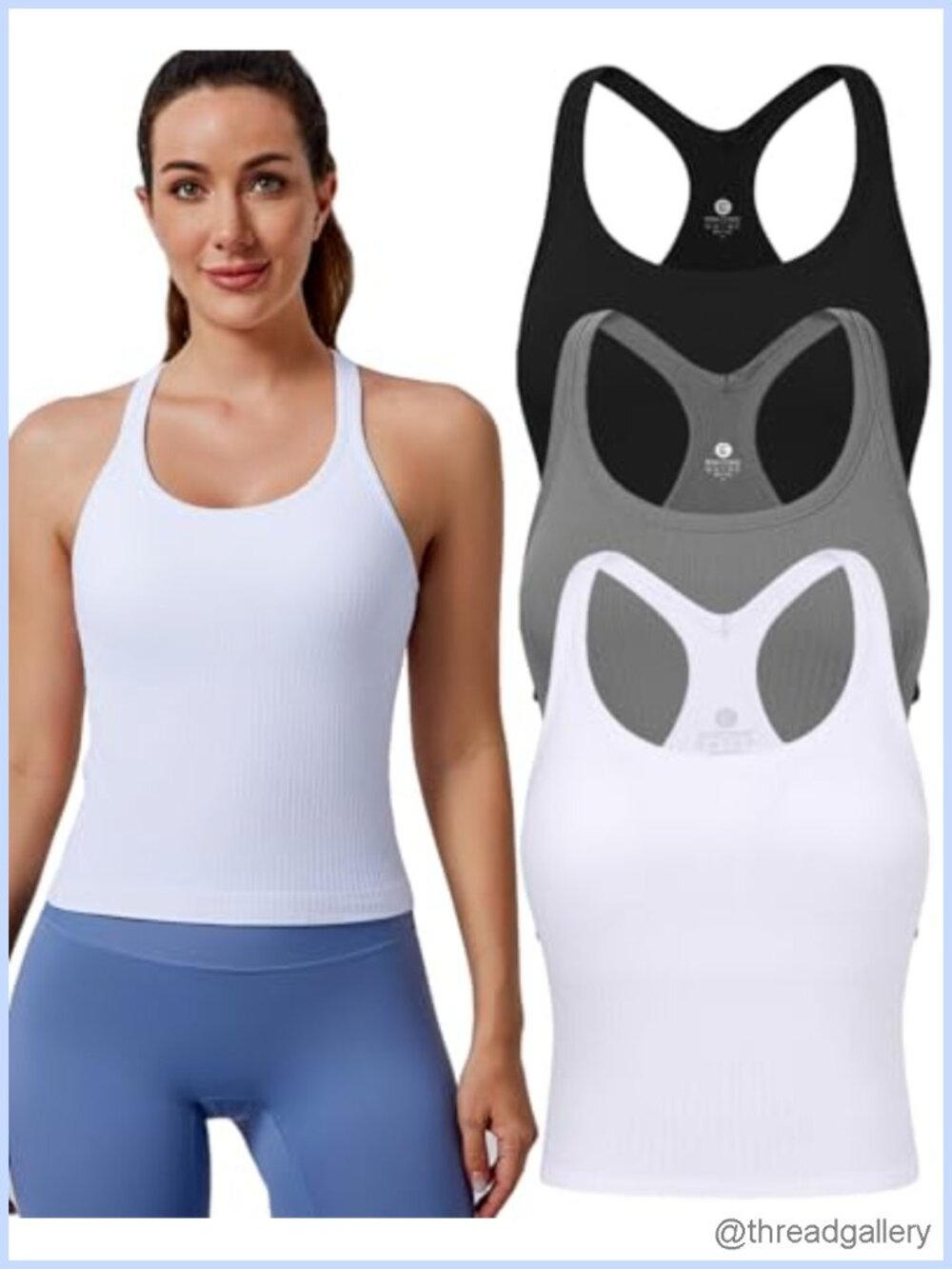 Workout Tank Top with Built-In Bra Racerback Cropped Ribbed Seamless - Picture 1 of 6